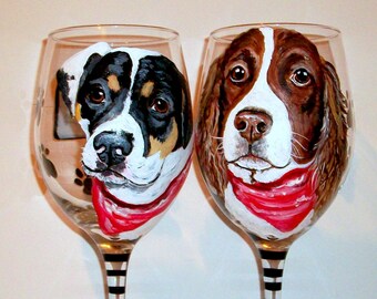 Custom Pet Portrait of Your Dog Breed Dog Cat Horse Any Pet Hand Painted Wine Glasses Set of 2 - 20 oz. Wine Glasses Dog Lover Birthday Gift