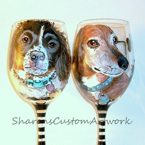 Pet Portrait Hand Painted Wine Glasses Custom Painting of Your Dog Cat Horse Pet On 2 / 20 oz. Wine Glasses Brittany Spaniel, Dachshund image 1