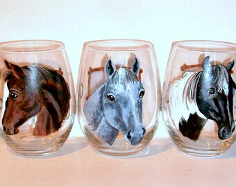 Pet Portrait Horses Hand Painted Glasses Donkey  Pony Mule Custom Glassware Set of 3 Stemless Wine Glasses, Gift, Personalized Pet Gifts