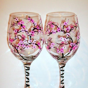 Cherry Blossoms Hand Painted Wine Glasses Set of 2 20 oz. Bridesmaids Gift, Bachelorette, Anniversary, Wedding Gift Maid of Honor Mother image 1