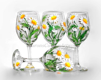 Hand Painted Daisy Wine Glasses - Bridesmaid Gifts - Set of 4