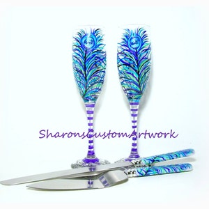 Purple Peacock Feathers 4 Piece Wedding Set 2 6 oz. Hand Painted Champagne Toasting Flutes with Cake Knife & Server Set Peacock Wedding image 1