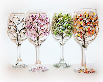 4 Seasons Hand Painted Wine Glasses Set - 4 -20 oz Wine Glasses The Four Seasons of Winter Spring Summer & Fall Snow Blossoms