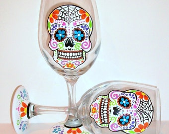 Sugar Skull Hand Painted Wine Glasses Set of 2 - Dia de Los Muertos Mexican Day of the Dead  Tradition Celebration Sugar Skull Art Skull