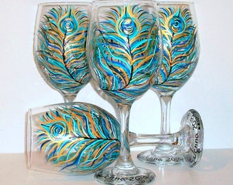 Bridesmaids Gifts Hand Painted Wine Glasses 4 - 20 oz  Peacock Feather Glassware Gold Accents Peacock Wedding Anniversary Birthday Gifts