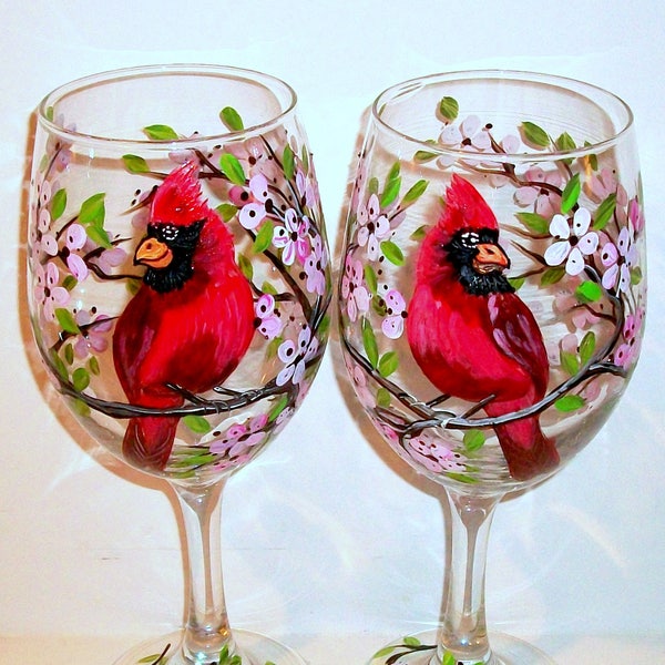 Cardinals Red Birds, Orioles, Blue Bird, Goldfinch, Robin Hand Painted Wine Glasses Set of 2 - 20 oz. Valentines Day Gift Mothers Day Gift