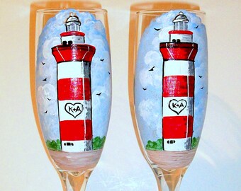 Hilton Head Lighthouse Set of 2 Champagne Flutes Hand Painted Lighthouse Wedding Gift Anniversary Gift Heart & Initials Toasting Flutes