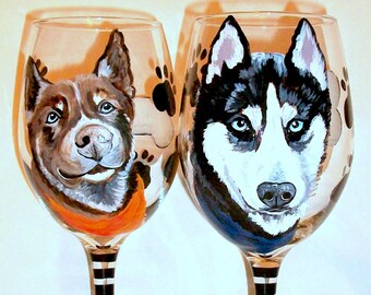 Pet Portraits Custom Painting of Your Dog Any Pet  Hand Painted On 2 - 20 oz. Wine Glasses Painted Glassware Pet Lover Pet Memorial