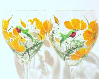 California Poppies and Hummingbirds Hand Painted  Red Wine Glasses Set of 2 - 20 oz. Wedding Gift Mothers Day Gift Orange and Yellow Poppies