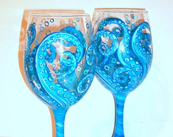 Octopus Tentacles Hand Painted on 2 - 20 oz. White Wine Glasses Aqua Blue Wedding Glasses Bridesmaids Gift Ocean Aqua Blue Ocean Theme Beach