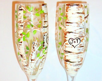 Aspen Trees (Green Leaf ) with Heart and Initials Hand Painted Set of 2 - 6 oz. Champagne Flutes Wedding Glasses Anniversary Gift Lovers