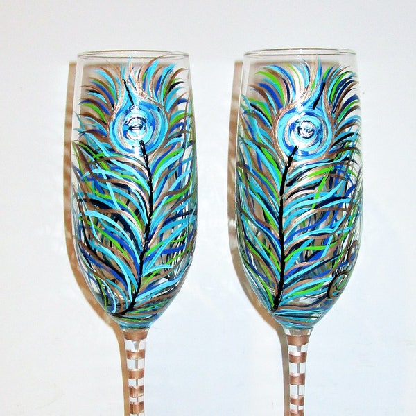 Peacock Feathers Hand Painted Champagne Flutes Set of 2-7 oz  Rose Gold Peacock Wedding Anniversary Gift Hand Painted Champagne Glasses
