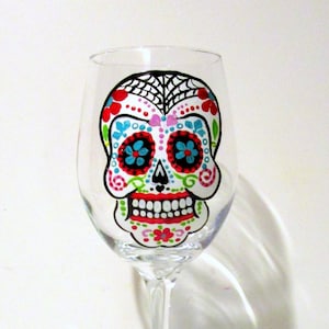 Valentines Day Sugar Skull Hand Painted 1- Wine Glass Reds and Turquoise Day of the Dead Dia de Los Muertos  Halloween  Mexican Holiday