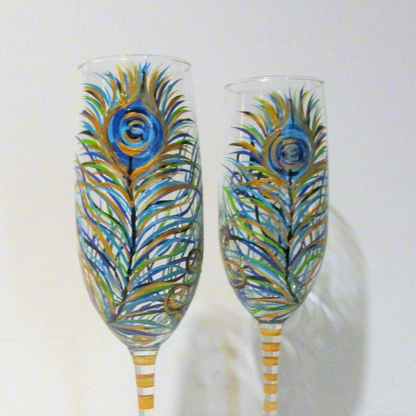 Peacock Feathers Hand Painted Champagne Flutes Set of 2-8 oz Gold Peacock Feather Wedding Anniversary Gift Peacock Decor Bridesmaids