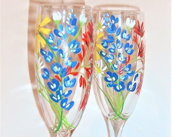 Texas Wildflowers Bluebonnets, Indian Paintbrush, Yellow & White Flowers Hand Painted Wedding Glasses Champagne Flutes Set of 2- 6 oz.