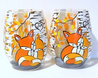 Red Foxes Hand Painted Set of 2 - 20 oz. Stemless Wine Glasses Aspen Trees ( Fall Leaves ) with Heart & Initials  Autumn Wedding Fall