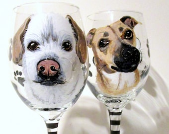 Pet Portraits Custom Portrait of Your Dog Any Pet  Hand Painted On 2 - 20 oz. Wine Glasses Painted Glassware Pet Lover Pet Memorial