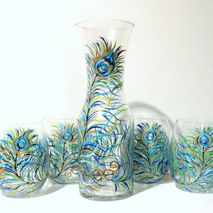Peacock Feathers Wine Carafe and 4 - 21 oz. Stemless Wine Glasses Decanter--5 Piece Wedding Collection Glassware Hand Painted