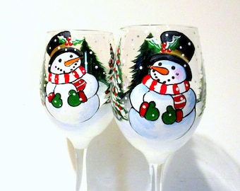 Snowman Hand Painted Wine Glasses Set of  2 - 20 oz. White Wine Glasses Christmas Trees Red Green Blue Tree Ornaments Christmas Gift