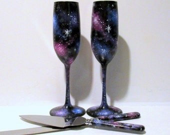 Galaxy, Nebula, Universe Hand Painted Champagne Flutes Set of 2 Wedding Glasses & Cake Knife and Server Set Wedding Decor Toasting Flutes