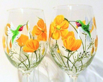 California Poppies and Hummingbirds Hand Painted Wine Glasses Set of 2 / 20 oz. Wedding Gift Bridesmaids Gift Orange and Yellow Poppies