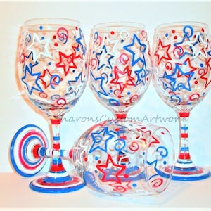 July Fourth, Patriotic New Years Eve Stars & Stripes Red White and Blue Independence Day Set of 4 20 oz. Hand Painted Wine Glasses image 1