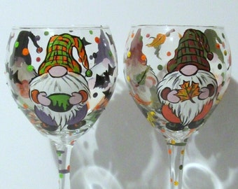 Gnomes Fall, Halloween, Thanksgiving, Hand Painted Set of 2 - 20 oz. Wine Glasses, Gnome Gift, Gnome Lover, Bats, Fall Leaves, Pumpkins