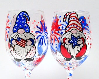 Gnomes Patriotic, 4th of July, Independence Day, Hand Painted Set of 2 - 20 oz. Wine Glasses, Red, White, And Blue, July 4th Celebration