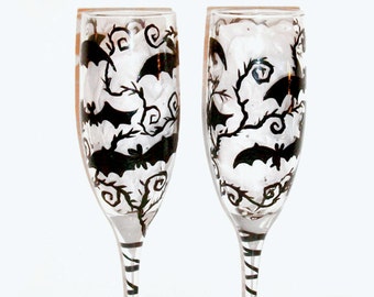 Bats Halloween Glasses Set of 2 - 6 oz Hand Painted Wedding Champagne Flutes With 5 Batty Bats Black Thorn Trees Halloween Black Branches