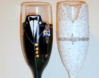 Bride and Groom Wedding Dress and Army Uniform Hand Painted Set of 2 / 6 oz. Champagne Flutes,Toasting Flutes,Wedding Painted Glasses