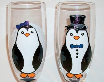 Penguins Wedding Glasses Hand Painted Champagne Flutes Top Hat & Veil Cute Penguins Toasting Flutes 2 - 6 oz. Toasting Flutes Wedding Gift