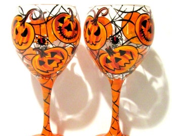 Jack-o- Lanterns & Spiders Halloween Hand Painted Wine Glasses, Goblets Set of 2- 20 oz. Halloween Glassware Spider Web Party Gift