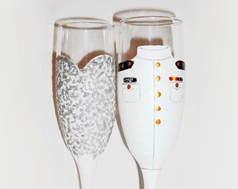 Bride and Groom Wedding Dress and Marine Army Navy Airforce Uniform Hand Painted Set of 2 - 6 oz. Champagne Flutes Toasting Military Wedding