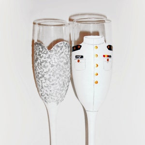 Bride and Groom Wedding Dress and Marine Army Navy Airforce Uniform Hand Painted Set of 2 - 6 oz. Champagne Flutes Toasting Military Wedding