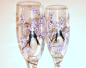 Cherry Blossoms & Love Birds,  Lavender, Hand Painted Set of 2 6 oz.Champagne Flutes. Spring Wedding,Wedding,Anniversary,Toasting Flutes