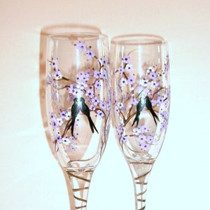 Cherry Blossoms & Love Birds,  Lavender, Hand Painted Set of 2 6 oz.Champagne Flutes. Spring Wedding,Wedding,Anniversary,Toasting Flutes