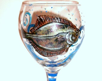 Flounder Hand Painted Wine Glass Fish One 20 oz. Red Wine Goblet Fathers Day Gift Birthday Swimming Flounder Blue Ocean Waves Splashing