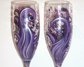 Ocean Waves Deep Dark Purples and Light Purples and silver Accents 2- 6 oz. Hand Painted Wedding Champagne Toasting Flutes Anniversary