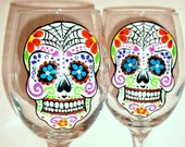 Sugar Skull Hand Painted Wine Glasses Set of 2 - Day of the Dead Dia de Los Muertos Mexican Tradition Celebration Sugar Skull Art Halloween