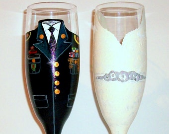 Bride and Groom Wedding Dress and Army, Navy, Marine Uniform Hand Painted Set of 2 / 6 oz. Champagne Flutes, Toasting Flutes, Wedding