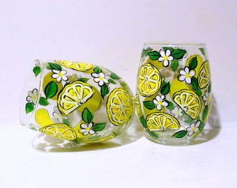 Fun Lemons Hand Painted Set of 2 - 21 oz. Stemless Wine Glasses, Summer Party Gift, Lemon Decor, Lemon Kitchen Decor Lemon Blossoms