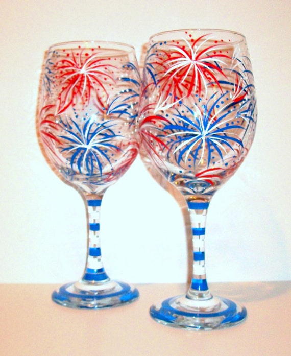July Fourth Fireworks Hand Painted Wine Glasses Set of 2 - 21 Oz. New Years  Eve Independence Day July 4th Red White & Blue Painted Glassware - Etsy