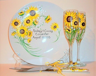 Yellow Sunflowers and White Baby's Breath 5 Piece Set Plate Champagne Flutes Cake Knife and Server Set Made to Order Hand Painted