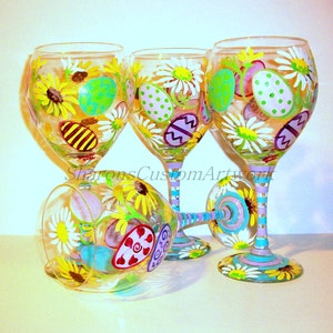 Easter Eggs & Daisies Yellow Sunflowers Hand Painted Easter Wine Glasses Set of 4 20 oz. Red Wine Goblets Daisy Decorated Eggs Easter Gift image 1