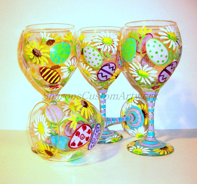 Easter Eggs & Daisies Yellow Sunflowers Hand Painted Easter Wine Glasses Set of 4 20 oz. Red Wine Goblets Daisy Decorated Eggs Easter Gift image 1