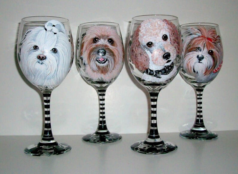 Custom Pet Portrait Hand Painted Wine Glasses Of Your Dog Cat Image 0