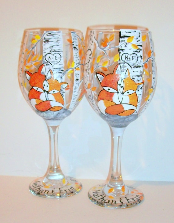 Red Foxes Hand Painted Wine Glasses Set of 2 20 Oz. Wedding Etsy