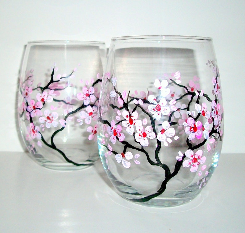 Hand Painted Wine Glasses Spring Wedding Cherry Blossoms Set Etsy