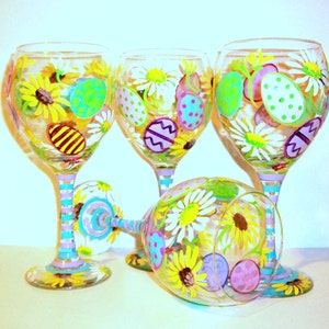 Easter Eggs & Daisies Yellow Sunflowers Hand Painted Easter Wine Glasses Set of 4 20 oz. Red Wine Goblets Daisy Decorated Eggs Easter Gift image 4