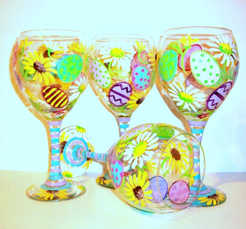 Easter Eggs & Daisies Yellow Sunflowers Hand Painted Easter Wine Glasses Set of 4 20 oz. Red Wine Goblets Daisy Decorated Eggs Easter Gift image 4